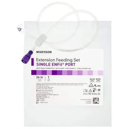 McKesson - 194-0124-24 - Bolus Enteral Feeding Extension Tube Set 24 Inch EnFit Secure Lock Right Angle Connector and Clamp NonSterile
