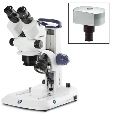 Globe Scientific - StereoBlue - ESB-1903-DC18 - Stereoblue Stereo Microscope Trinocular Head 0.7x To 4.5x Zoom (7x To 45x) Plain Stage With Clips And Clear Plates