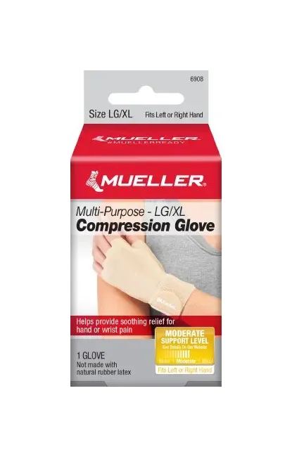 Mueller Sports Medicine - Mueller Compression & Support Gloves - 6908 - Compression Gloves Mueller Compression & Support Gloves Fingerless Large / X-Large Over-the-Wrist Length Ambidextrous Stretch Fabric