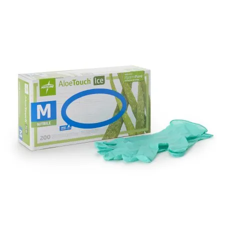 Medline - Aloetouch Ice - MDS195285 - Exam Glove Aloetouch Ice Medium NonSterile Nitrile Standard Cuff Length Textured Fingertips Green Chemo Tested
