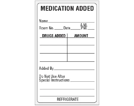Shamrock Scientific - SMA-2124 - Pre-printed Label Shamrock Advisory Label White Paper Medication Added / Name____ / Room No.__ Date__ Am Pm__ / Drugs Added Amount / Added By ____ / Do Not Use After ____ / Special Instructions ____ / Refrigerate Black Med