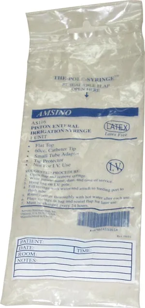 Amsino - AS116 - 60cc Syringe, Catheter Tip, Flat Top with Small Tip Adapter, Packed in Resealable IV Pole Bag, 30/cs (125 cs/plt)