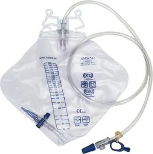 Amsino - AS302 - Drainage Bag, 2000mL, Anti-Reflux Device, Pre-Pierced Needle Free Sampling Port (Luer Slip or Blunt Cannula Compatible), Universal Double Hook & Rope Hanger, T-Tap Drain Port, Sterile Fluid Pathway, 20/cs