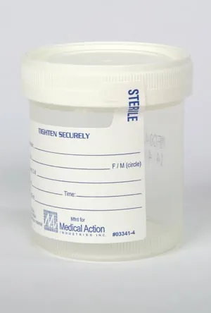 Medegen Medical - 4936 - Gent-L-Kare Wide Mouth Specimen Container, 4 oz, Lid, White, Sterility Seal & Label, Graduated In 10mL Increments From 20mL to 120mL, 75/bg, 4 bg/cs (25 cs/plt)