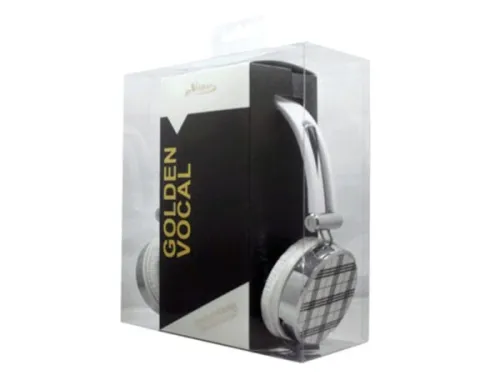 Kole Imports - EL822 - White Plaid Stereo Headphones With In-line Microphone