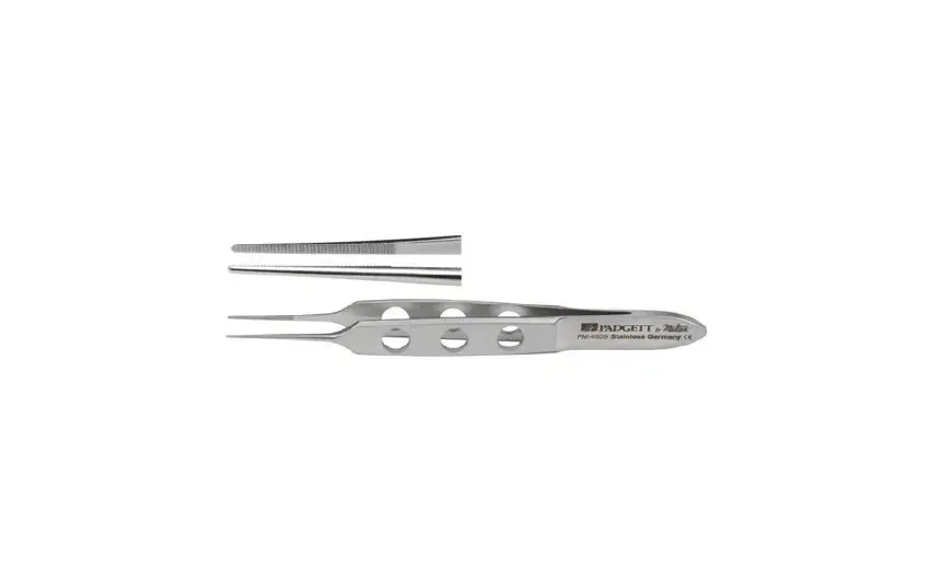 Integra Lifesciences - Padgett - PM-4809 -  Dressing Forceps  Bishop Harmon Iris 3 1/4 Inch Length Surgical Grade Stainless Steel NonSterile NonLocking Fenestrated Thumb Handle Straight 0.6 mm Serrated Tips